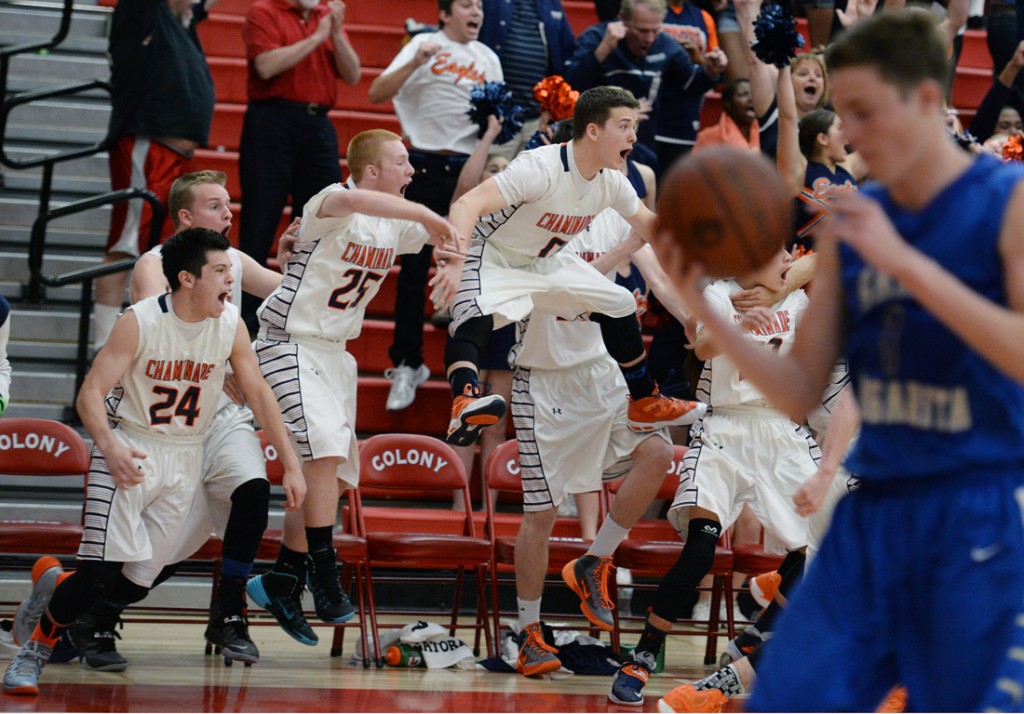 Chaminade players react as Michael Oguine #4 3-point game winning shot scores during their 2014 CIF State Boys Basketball Regional Championship game at Colony High School in Ontario Saturday, March 22, 2014 . Chaminade  beat Santa Margarita  53-52 with a 3-point shot at the buzzer. (Photo by Hans Gutknecht/Los Angeles Daily News)