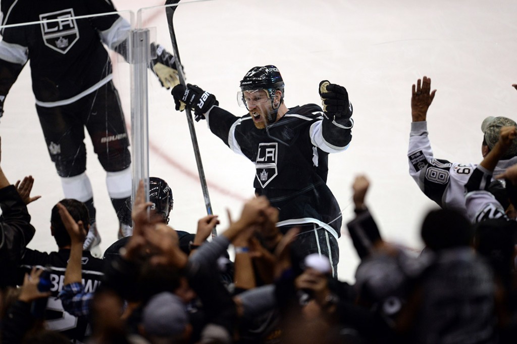 The Kings’ Tyler Toffoli #73 reacts after scoring a goal in the second period during Game 3 of the Western Conference finals against the Blackhawks at the Staples Center on Saturday, May 24, 2014. (Photo by Hans Gutknecht/Los Angeles Daily News)