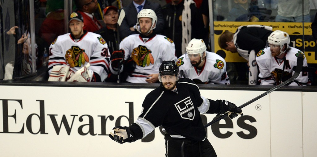 The Kings’ Drew Doughty #8 reacts after scoring a third period goal during Game 3 of the Western Conference finals against the Blackhawks at the Staples Center on Saturday, May 24, 2014. The Kings beat the Blackhawks 4-3. (Photo by Hans Gutknecht/Los Angeles Daily News)