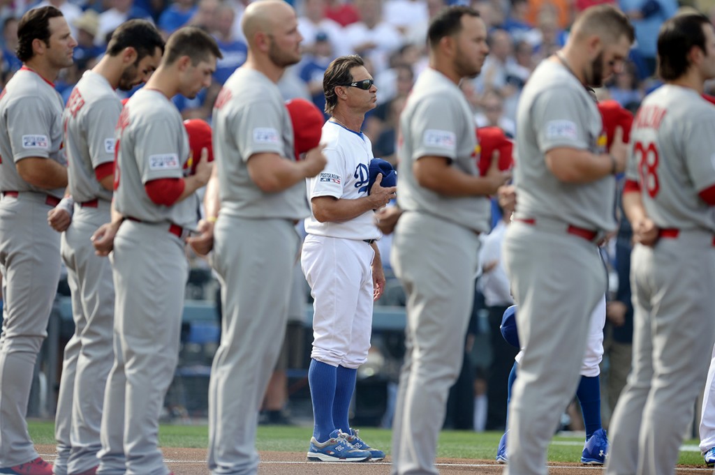 Dodgers manager Don Mattingly during the National Anthem during Game 1 of  the National League Division Series, at Dodger Stadium Friday October 3, 2014. (Photo by Hans Gutknecht/Los Angeles Daily News)