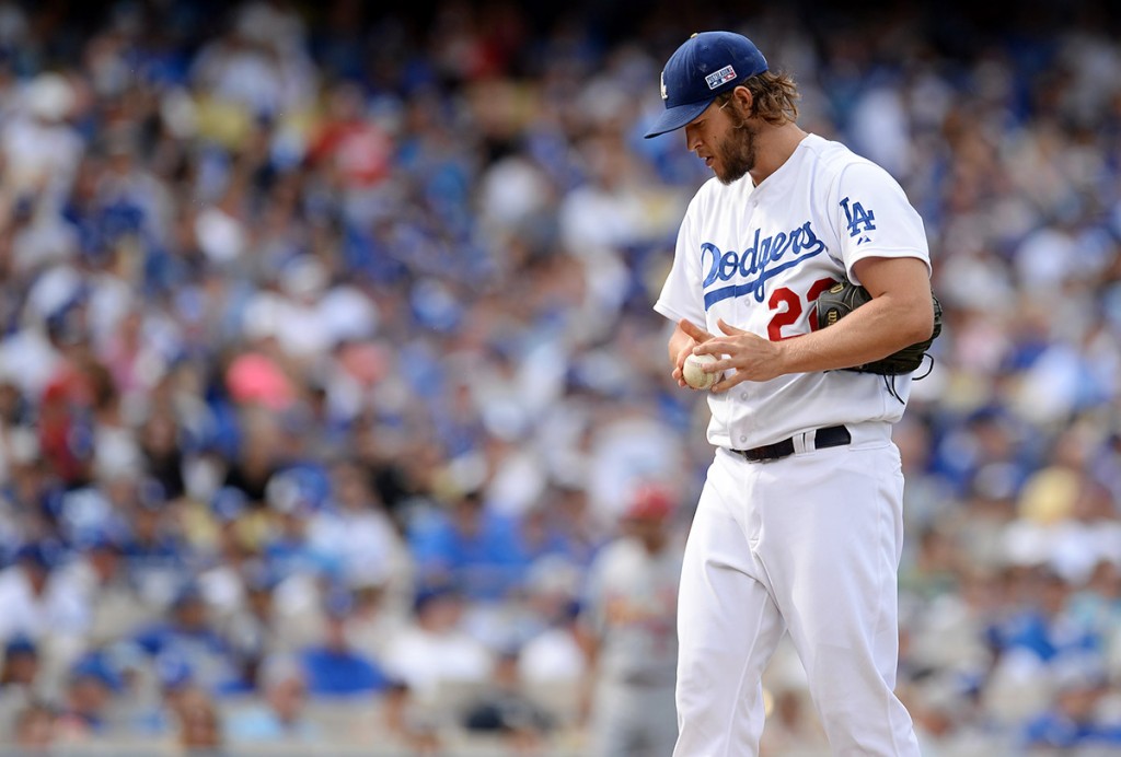 Dodgers pitcher Clayton Kershaw #22 looks down after the Cardinals’ Randal Grichuk #15 homered in the 1st inning during Game 1 of  the National League Division Series, at Dodger Stadium Friday October 3, 2014. (Photo by Hans Gutknecht/Los Angeles Daily News)