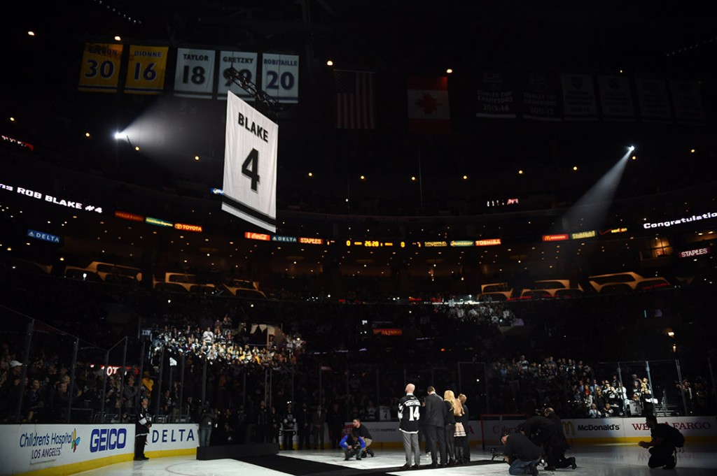 Rob Blake, family and Mattias Norstrom watch his number raised during a ceremony retiring his No. 4 jersey at the Staples Center before the Kings vs Ducks game Saturday, January 17, 2015. Blake is the all-time leader in games played, goals, assists and points by a Kings defenseman.(Photo by Hans Gutknecht/Los Angeles Daily News)