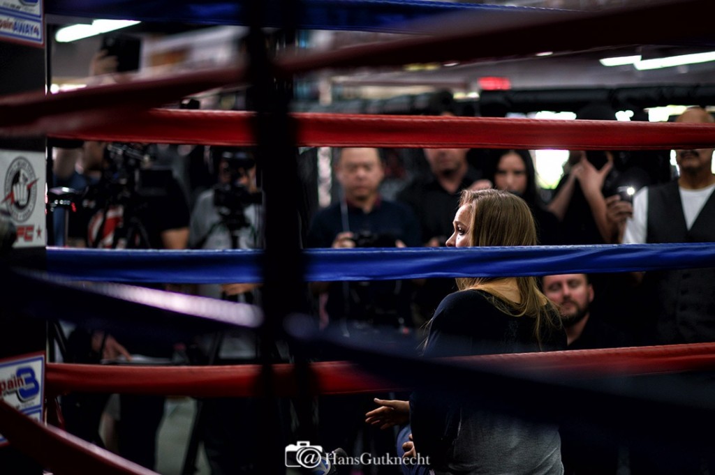 Undefeated UFC women’s bantamweight champion Ronda Rousey talks to members of the media at Glendale Fighting Club Wednesday, February 18, 2015. Rousey will defend her title against No. 1 contender Cat Zingano in the main event of UFC 184: ROUSEY vs. ZINGANO on Saturday, Feb. 28 at Staples Center in Los Angeles. (Photo by Hans Gutknecht/Los Angeles Daily News)