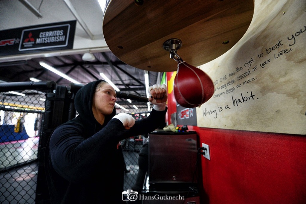 Undefeated UFC women’s bantamweight champion Ronda Rousey works on the speed bag at Glendale Fighting Club Tuesday, January 20, 2015. Rousey will defend her title against No. 1 contender Cat Zingano in the main event of UFC 184: ROUSEY vs. ZINGANO on Saturday, Feb. 28 at Staples Center in Los Angeles. (Photo by Hans Gutknecht/Los Angeles Daily News)