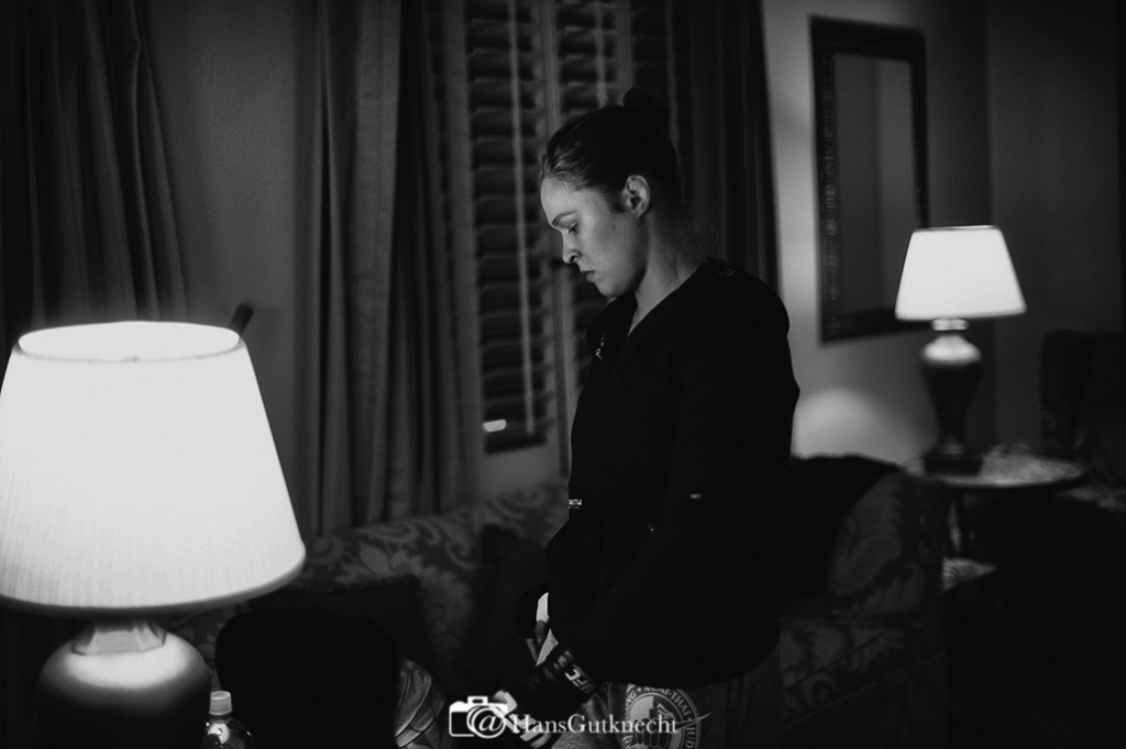 UFC women’s bantamweight champion Ronda Rousey works with coach Edmond Tarverdyan inside Rousey’s hotel room Thursday February 26, 2015. It was Rousey’s final workout before she defends her title against No. 1 contender Cat Zingano in the main event of UFC 184: ROUSEY vs. ZINGANO on Saturday, Feb. 28 at Staples Center in Los Angeles. (Photo by Hans Gutknecht/Los Angeles Daily News