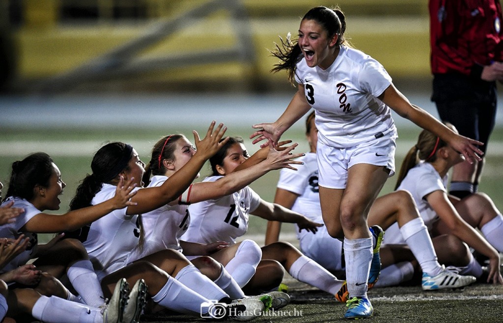 Verdugo Hills’  Kelsey Sanford #3 celebrates after scoring a penalty kick during an overtime shoot out during the L.A. City Section Division 3 girls soccer final at Los Angeles Valley College, in Valley Glen, CA, Friday, March 6, 2015. Verdugo Hills beat Maywood  3-1.  (Photo by Hans Gutknecht/Los Angeles Daily News)