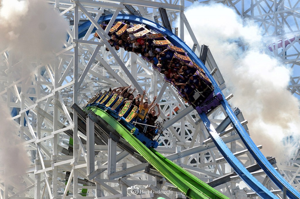 People enjoy themselves during the grand opening of Twisted Colossus at Six Flags Magic Mountain Wednesday, May 2015. After almost a year under renovation, Colossus will treat thrill seekers as  Twisted Colossus, a faster, smoother rollercoaster. (Photo by Hans Gutknecht/Los Angeles Daily News)