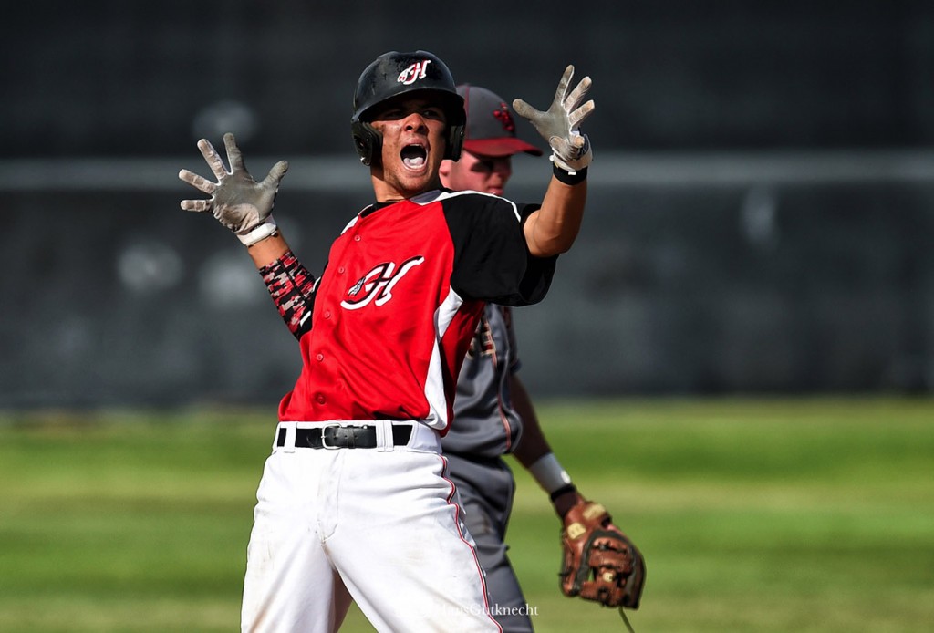 Hart’s Robert Reeves #4 reacts after hitting a 3 RBI double in the 5th inning during their  CIF Southern Section Division 1 quarterfinal baseball game against JSerra at Hart High School in Newhall, CA. Friday, May 29, 2015.  Hart beat JSerra 10-6 to advance. (Photo by Hans Gutknecht/Los Angeles Daily News)
