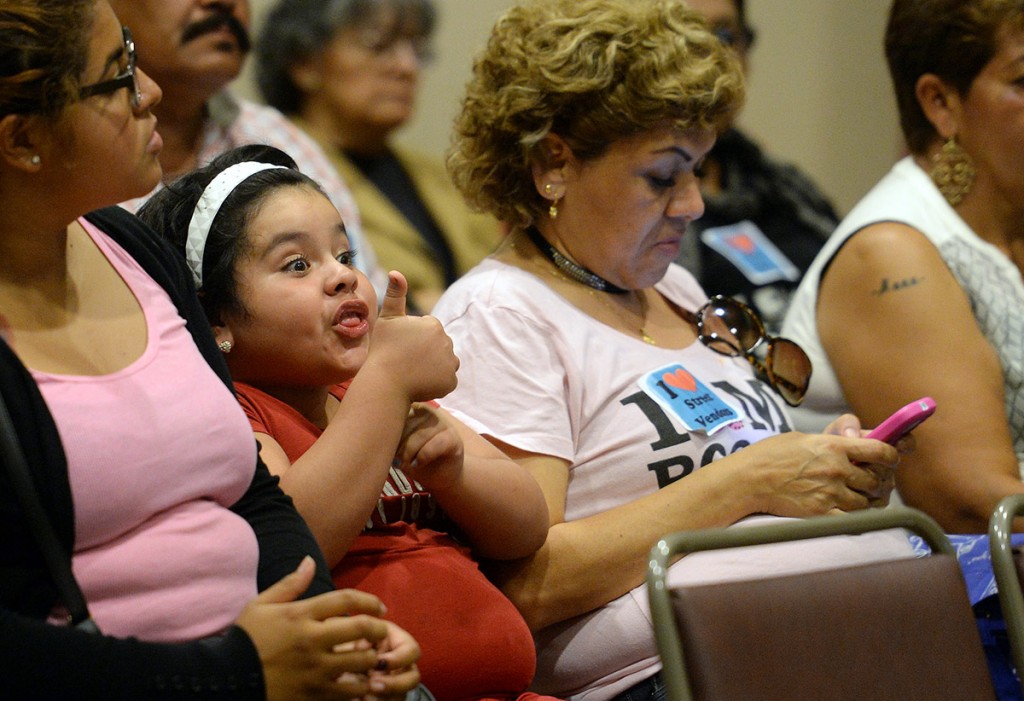 Small business owners, street venders and concerned people listen during the City of Los Angeles second community hearing to discuss the City Council’s proposal to legalize sidewalk vending across the city at Van Nuys City Hall, Thursday, June 11, 2015.  (Photo by Hans Gutknecht/Los Angeles <span id=