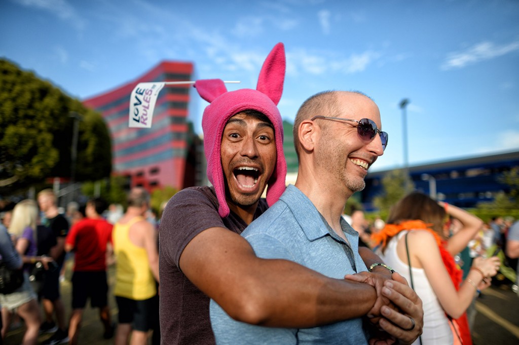 Alec Gomez, Valley Village, and David Cheaney, Valley Village enjoy themselves  at West Hollywood Park in West Hollywood to celebrate the  Supreme Court ruling in favor of same-sex marriage nationwide. (Photo by Hans Gutknecht/Los Angeles Daily News)