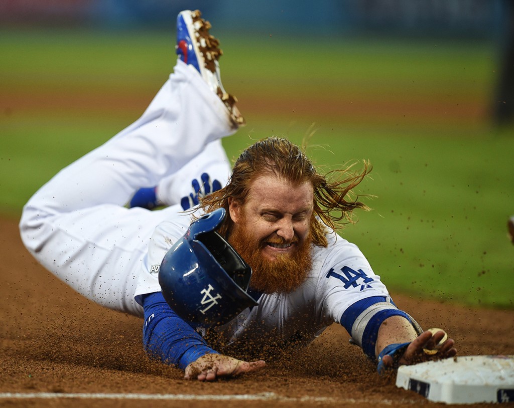 Los Angeles Dodgers third baseman Justin Turner #10 steals 3rd base in the 3rd inning. The Dodgers played the Mets in the NLDS game 5 at Dodger Stadium in Los Angeles, CA 10/15/2015 (photo by Hans Gutknecht/Los Angeles News Group)