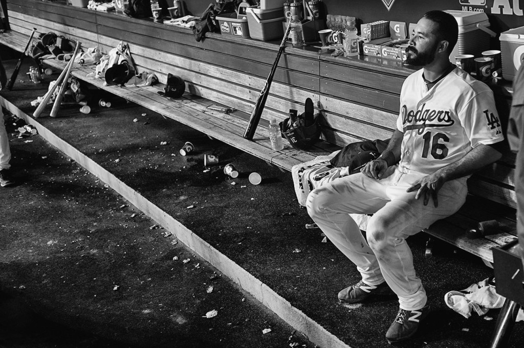 Dodgers’ Andre Ethier #16 sits in  the dugout after losing game 5 of the NDLS at Dodger Stadium, Thursday, October 15, 1015. The Mets closed out the series by beating the Dodgers 3-2. (Photo by Hans Gutknecht/Los Angeles Daily News)