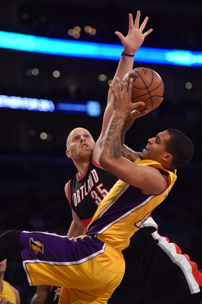 The Lakers’ Jabari Brown #15 shoots as the Trail Blazers’ Chris Kaman #35 defends during their NBA preseason game at the Staples Center in Los Angeles, Monday, October 19, 2015.(Photo by Hans Gutknecht/Los Angeles Daily News)