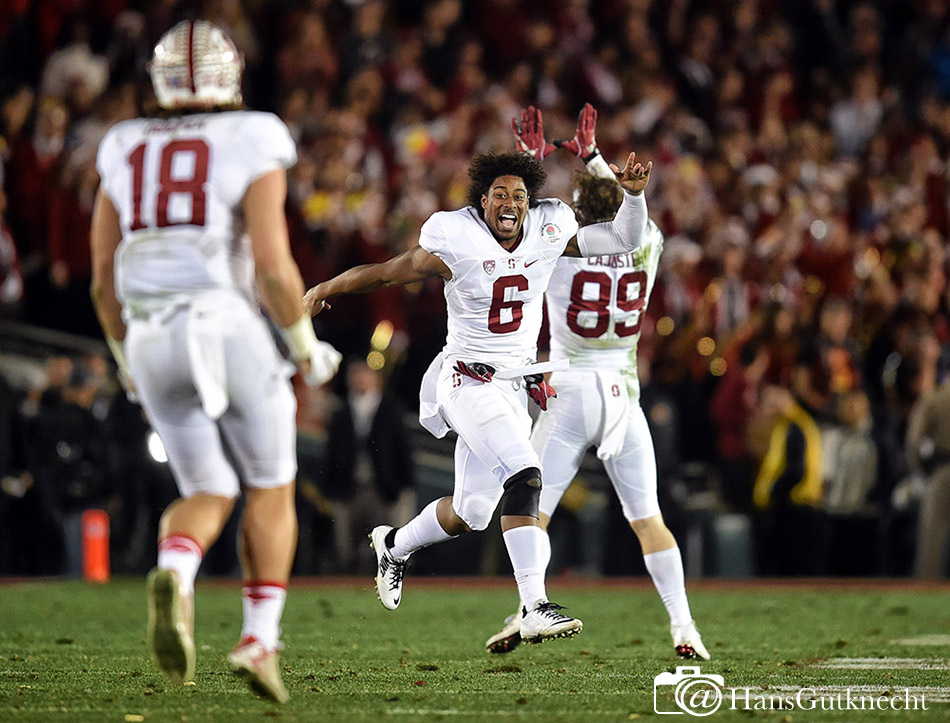 Stanford players celebrate during the 102nd Rose Bowl game in Pasadena, CA, Friday,January 1, 2016. Stanford defeated Iowa 45-16. (Photo by Hans Gutknecht/Los Angeles Daily News)