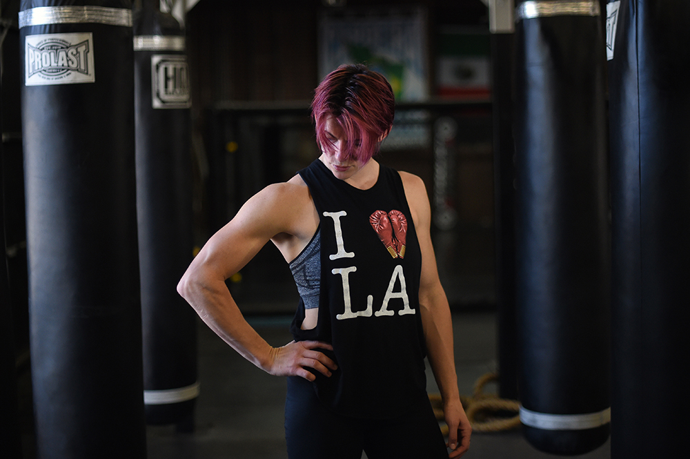 Colleen Schneider trains with Shohei Yamamoto at HQ Brand Training Center in Los Angeles, Friday, April 22, 2016. Schneider will be fighting for the Invicta Fighting Championships bantamweight title against champion Tonya Evinger at Invicta FC 17 in Costa Mesa, May 7. (Photo by Hans Gutknecht/Los Angeles Daily News)