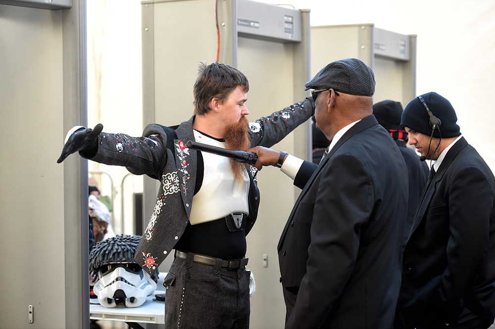 ZZ Trooper Jonathan Howle, Burbank, gets checked out by security on Hollywood Blvd. in Hollywood, CA, Monday, December 14, 2015. The street was closed in preparation of the Star Wars premier. (Photo by Hans Gutknecht/Los Angeles Daily News)